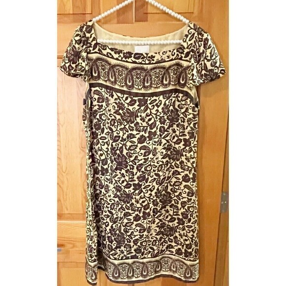 Donna Morgan Silk Dress Women Sz 12 Brown Cream Paisley Mini Cap Short Sleeve - Picture 1 of 7